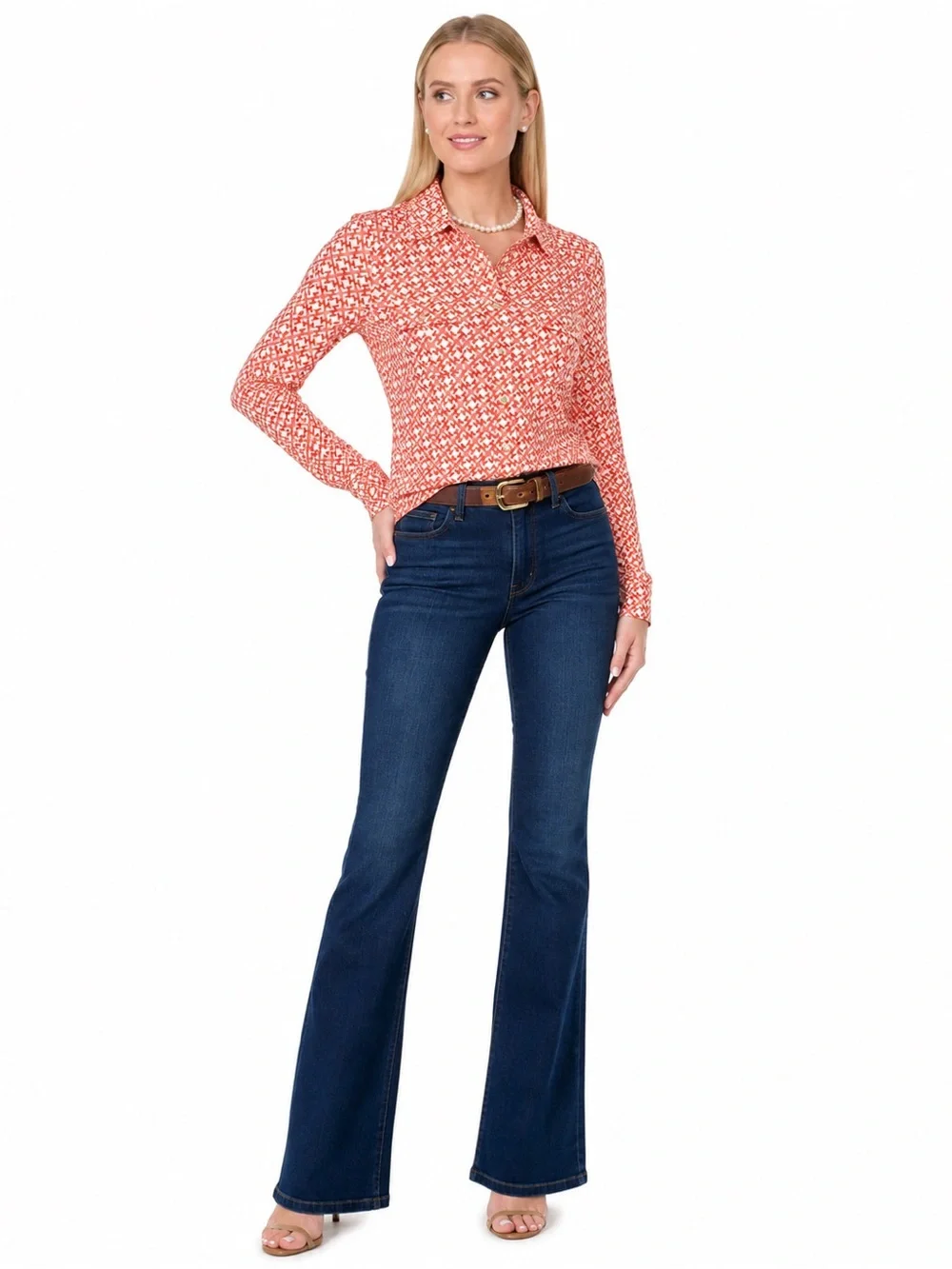 Tory Burch Silk Chain Link Geometric Button Down Blouse Coral Small Pink Career